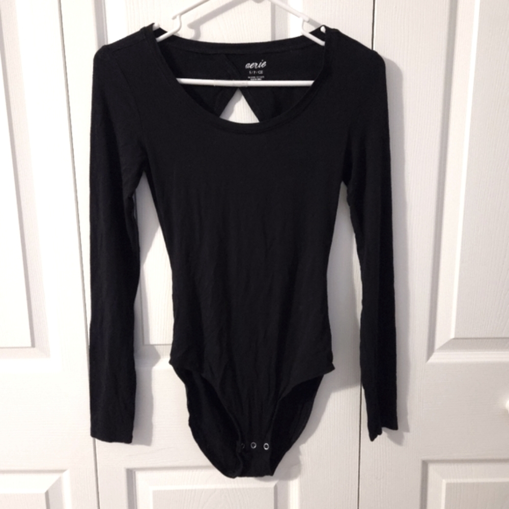 Aerie Black Open-back Long Sleeve Scoop Neck Bodysuit Women's Size Small